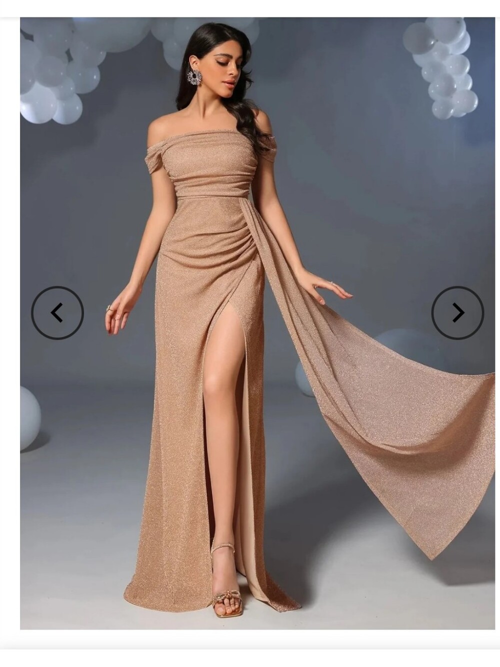 Off-Shoulder Shimmer Gown in Champagne Gold Large NWOT